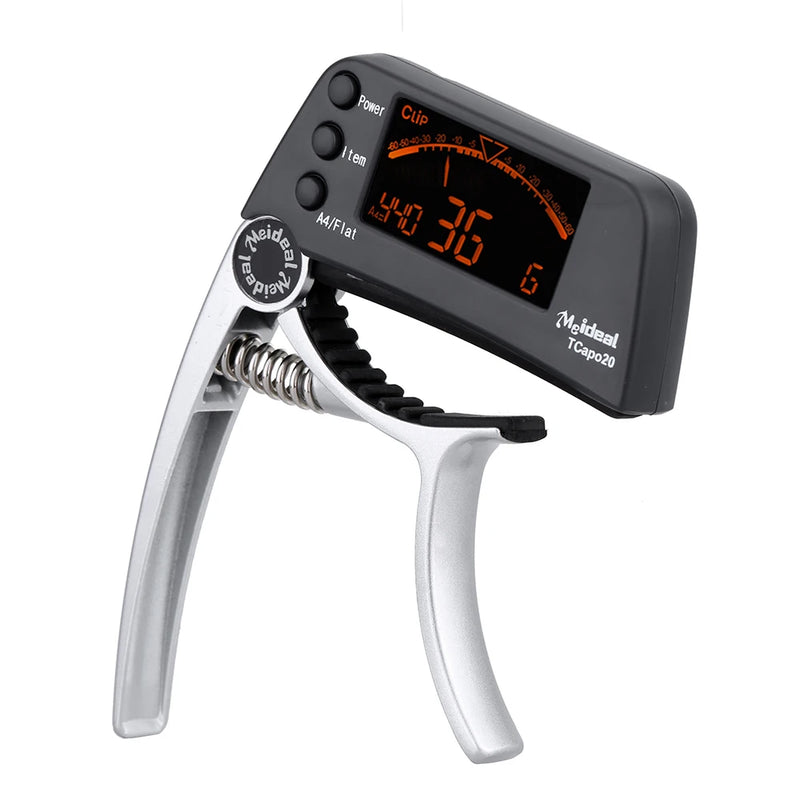 TCapo20 Multifunctional Aluminum Alloy 2-in-1 Guitar Capo Tuner with LCD Screen for Normal Acoustic Folk Electric Guitar Chromat