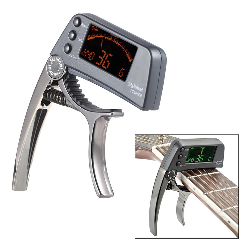 TCapo20 Multifunctional Aluminum Alloy 2-in-1 Guitar Capo Tuner with LCD Screen for Normal Acoustic Folk Electric Guitar Chromat