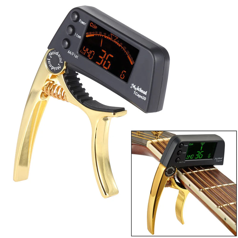 TCapo20 Multifunctional Aluminum Alloy 2-in-1 Guitar Capo Tuner with LCD Screen for Normal Acoustic Folk Electric Guitar Chromat